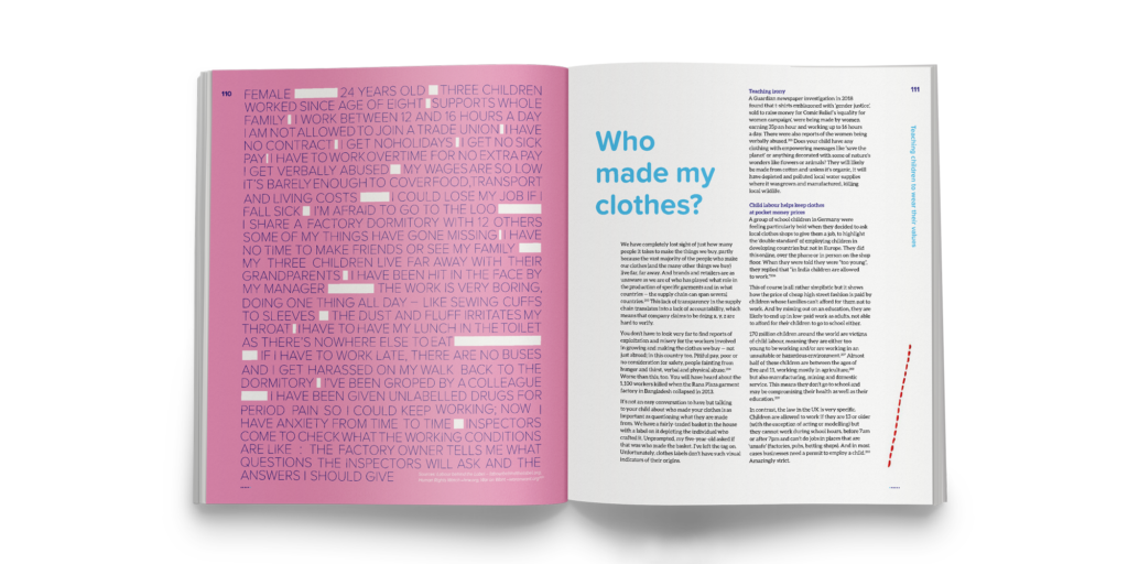 A spread from the chapter on fashion, talking about workers' rights.