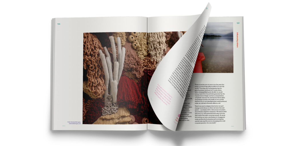 A spread from the activism and influence chapter, with a large image of a textile sculpture; Coral, Vanessa Barragão