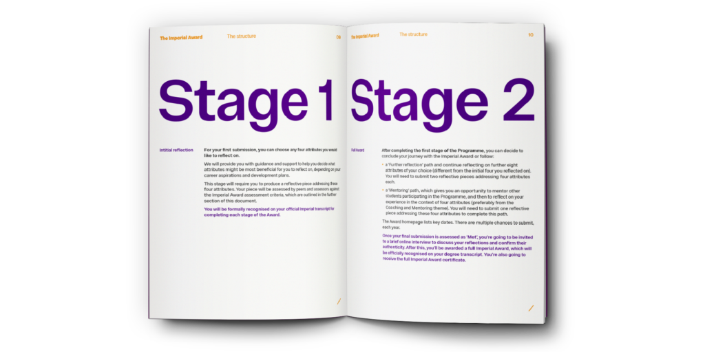 Spread from the Writing Guide explaining the two stage process of achieving the Award